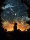 Silhouette of a woman sitting and looking at the stars, AI generated. Royalty Free Stock Photo