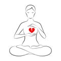 Silhouette of woman sitting in lotus position and red broken heart