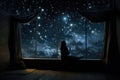 Silhouette of a woman sitting on the windowsill and looking at the night sky, A room in an apartment can see the sky full of stars Royalty Free Stock Photo