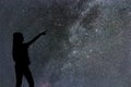 Silhouette of woman stand alone in the night milky way and stars Royalty Free Stock Photo
