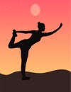 A silhouette of a woman standing in dancer yoga position, meditating against sunrise sky. Flat vector illustration Royalty Free Stock Photo