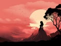 silhouette of a woman standing on a hill with the sun in the background