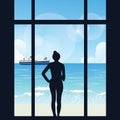 Silhouette Of Woman Standing Looking To Sea View With Boat From Her Apartment Big Window