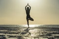 Silhouette of woman standing at yoga pose on the tropical beach during sunset. Girl practicing yoga near sea water Royalty Free Stock Photo