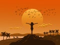 Silhouette woman stood up and showed his hands on the top of the mountain happily.  sea, mountains,birds and sunset background Royalty Free Stock Photo