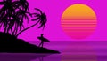 Silhouette of a woman with a surfboard on the shore with palm trees against the background of the sea and the evening sun in Royalty Free Stock Photo
