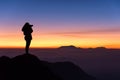 Silhouette of woman taking photograph on the top of mountain and Royalty Free Stock Photo