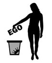 Silhouette of a woman throws the word ego into the garbage bin
