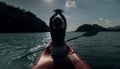 Silhouette of woman tourist raising hands while sailing in canoe along sea bay water to distant hilly island backside Royalty Free Stock Photo