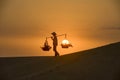 Silhouette woman with Vietnam culture traditional dress on sandune during sunset ,traditional costume ,Muine Vietnam