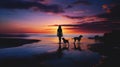 silhouette of woman walking with dog at beach, friendship of human and pet