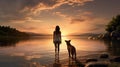 silhouette of woman walking with dog at beach, friendship of human and pet