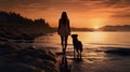 silhouette of woman walking with dog at beach, friendship of human and pet