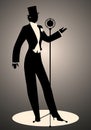 Silhouette of woman wearing hat and male clothes retro style singing in front of a vintage microphone Royalty Free Stock Photo