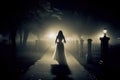 Silhouette of a woman in a white dress walking in the cemetery at night