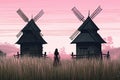 Silhouette of woman and windmill in the meadow