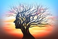 the silhouette of a womans head with a tree in the background