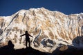 Silhouette women backpacker on the rock and Annapurna I Background 8,091m from Annapurna Basecamp ,Nepal.