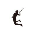 Silhouette of women badminton player jumping at court - silhouette of women are playing badminton attack with smashing shuttlecock Royalty Free Stock Photo