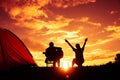 Silhouette women sitting drinking beer and play music relaxing.