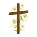 Silhouette Of Wooden Cross With Lilies. Happy Easter Concept Illustration Or Greeting Card. Religious Symbols Of Faith