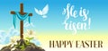 Silhouette Of Wooden Cross With Shroud, Dove And Lilies. Happy Easter Concept Illustration Or Greeting Card. Religious