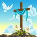 Silhouette of wooden cross with shroud, dove and lilies. Happy Easter concept illustration or greeting card. Religious Royalty Free Stock Photo