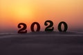 Silhouette of 2020 wooden numbers on the sand on the beach at sunset. Setting sun. The symbol of the outgoing year.