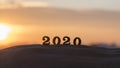 Silhouette of 2020 wooden numbers on the sand on the beach at sunset. Setting sun. The symbol of the outgoing year. 2021.