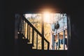 Silhouette of a wooden staircase in an old house