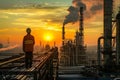 Industrial worker at oil refinery at sunset with orange sky and pipes reflecting sunlight Royalty Free Stock Photo