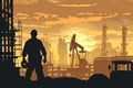 The silhouette of a worker with a helmet in his hands against the background of an oil field and a sultry sunset