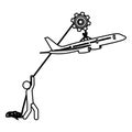 silhouette worker with pulley holding small figure airplane