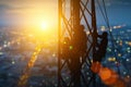 silhouette workers on background of construction crews to work on high ground heavy industry and safety concept. Construction of Royalty Free Stock Photo