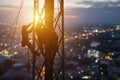 Silhouette workers on construction crews to work on high ground heavy industry and connection development, distribution electrical