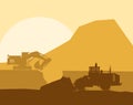 Silhouette of working bulldozer on background