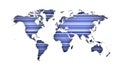 Silhouette of World map with blue stripes over white background