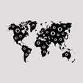 Silhouette of a world map featuring distinct white cogwheel patterns distributed across each continent Royalty Free Stock Photo