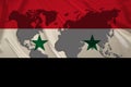 Silhouette of a world map on the silk national flag of the modern state of Syria with beautiful folds, concept of tourism, travel