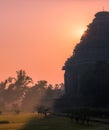 Silhouette of an ancient Hindu temple as the sun rays emerge from behind. Sun Temple, Konark, Odissha (Orissa), India