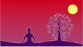 Silhouette of yoga in the lotus position and the tree of life against the background of the red sky and the sun the moon. Vector Royalty Free Stock Photo