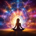 Silhouette yoga meditation, universe, nebula, healing, human body energy beams AI Generative Royalty Free Stock Photo