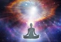 Silhouette yoga meditation, universe, nebula, healing, human body energy beams