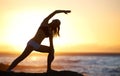 Silhouette, yoga or pilates for balance on beach with pose for stretching, health or wellness. Woman, instructor and Royalty Free Stock Photo