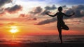 Silhouette yoga woman on ocean beach at magic sunset. Royalty Free Stock Photo