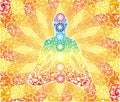 Silhouette of a yogi in a lotus asana on the background of a delicate mandala. 7 chakras.