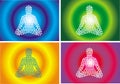 Silhouette of a yogi from white stars on a colorful background. 4 color options. Spiritual symbol.