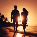 Silhouette of a young and beautiful couple walking hand in hand on the beach in an amazing sunset Royalty Free Stock Photo