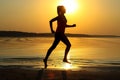 Silhouette of a young beautiful girl is running along the seashore on the orange sunset background Royalty Free Stock Photo