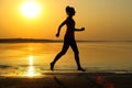Silhouette of a young beautiful girl is running along the seashore on the orange sunset background Royalty Free Stock Photo